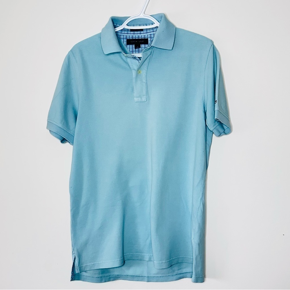 Tommy Hilfiger Men Preppy Fitted Polo Shirt Light Blue Custom Fit Medium